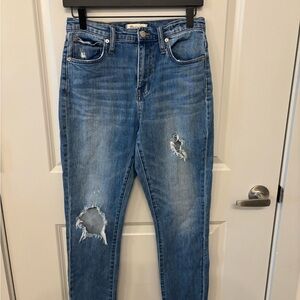 Madewell High Rise Slim Boyjean distressed medium wash raw hem size 25